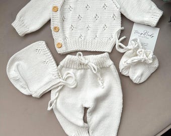 Newborn Baby Coming Home Outfit: Hand Knit Organic Cotton Baby Hospital Set