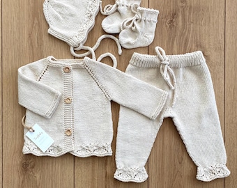 Newborn Baby Coming Home Outfit: Hand Knit Organic Cotton Baby Hospital Set