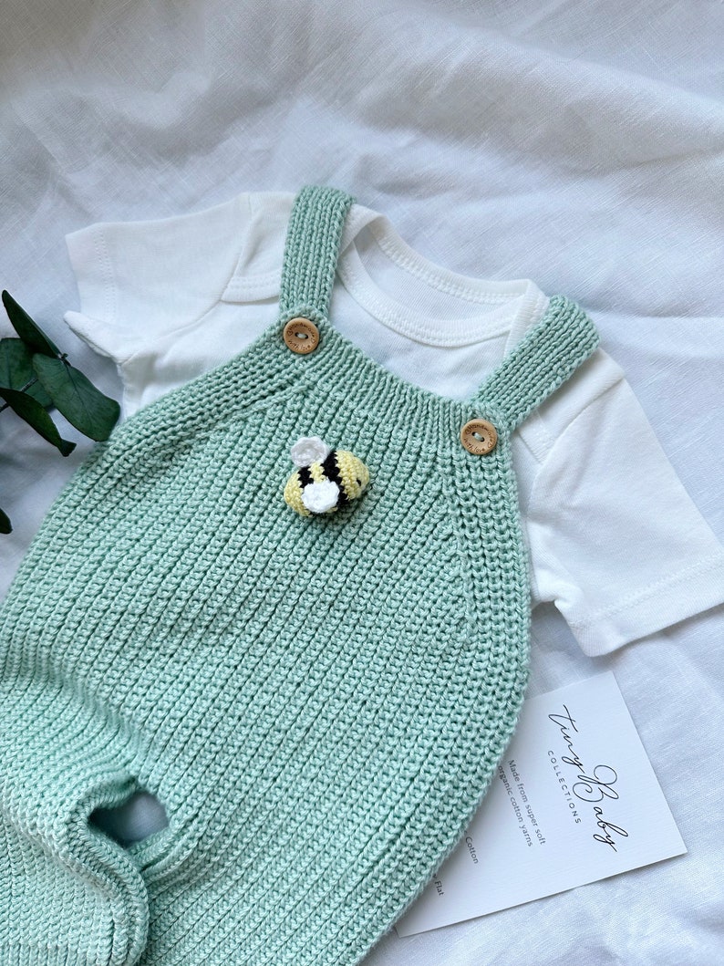 Cuddle and Kind Honey Bear Matching Outfit, Ribbed Overalls with Crochet Bee Detail, Knit Newborn Baby Outfit, Knit Baby Honey Bee Jumpsuit image 7