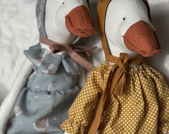 Handmade Goose Doll: Linen Stuffed Animal Toy, Nursery Decor