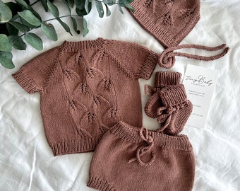 Newborn Baby Coming Home Outfit, Summer Baby Sweater, Shorts, Hat, Booties