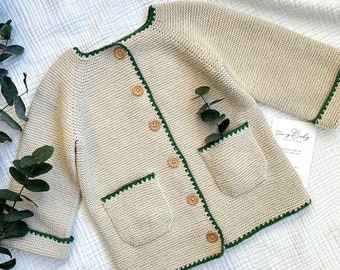 Handgestrickte Baby Strickjacke aus Bio-Baumwolle: Ecru mit