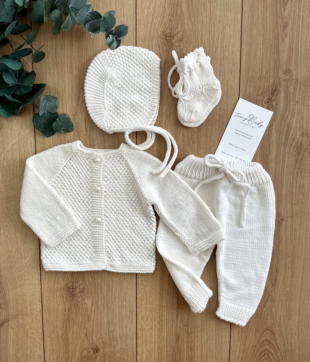 Hand Knitted Organic Cotton Newborn Outfit: Baby Coming Home Set