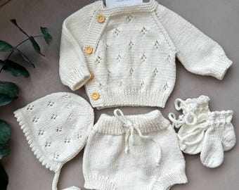 Hand Knitted Organic Cotton Newborn Outfit: Sweater, Shorts