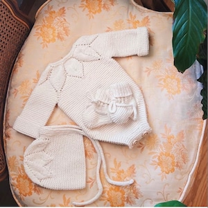 Hand Knitted Organic Cotton Newborn Outfit: Romper, Bonnet & Socks