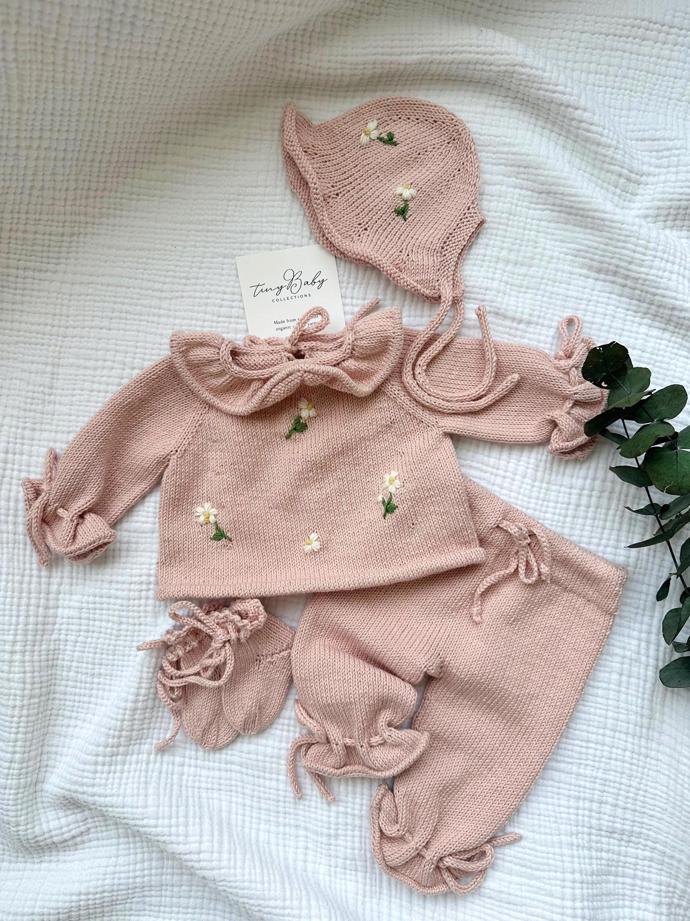 Hand Knit Organic Cotton Baby Outfit: Floral Embroidered Sweater Set