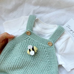Cuddle and Kind Honey Bear Matching Outfit, Ribbed Overalls with Crochet Bee Detail, Knit Newborn Baby Outfit, Knit Baby Honey Bee Jumpsuit image 9