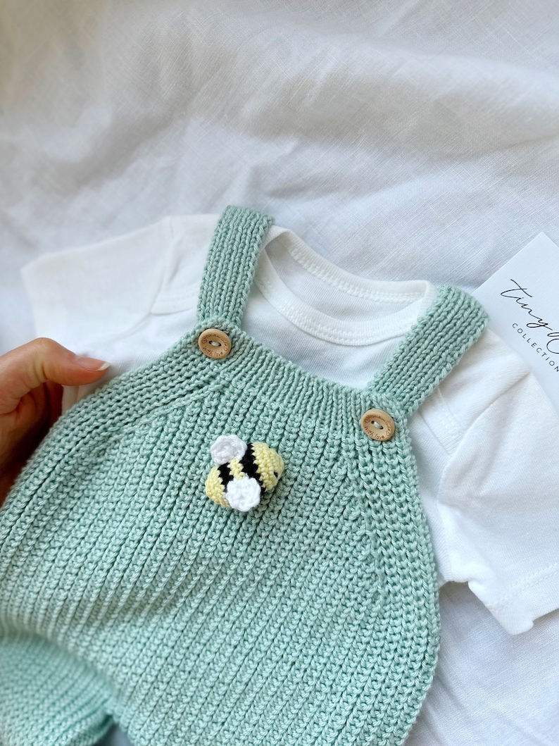Cuddle and Kind Honey Bear Matching Outfit, Ribbed Overalls with Crochet Bee Detail, Knit Newborn Baby Outfit, Knit Baby Honey Bee Jumpsuit image 9