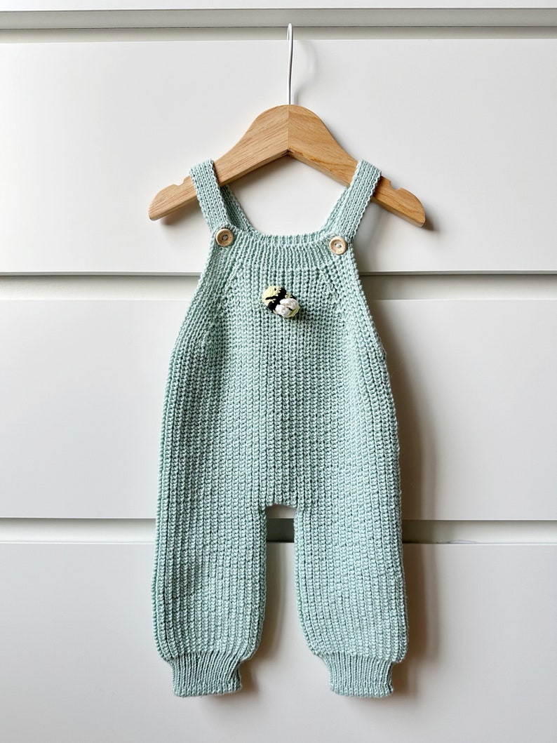 Cuddle and Kind Honey Bear Matching Outfit, Ribbed Overalls with Crochet Bee Detail, Knit Newborn Baby Outfit, Knit Baby Honey Bee Jumpsuit image 2