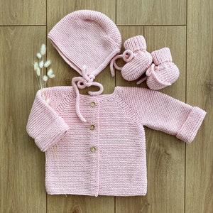 Knitted Baby Girl Hospital Outfit, Baby Girl Pink Knit Set, Knit Newborn Hat & Booties, Baby Layette Set, Heirloom Baby Knit Set