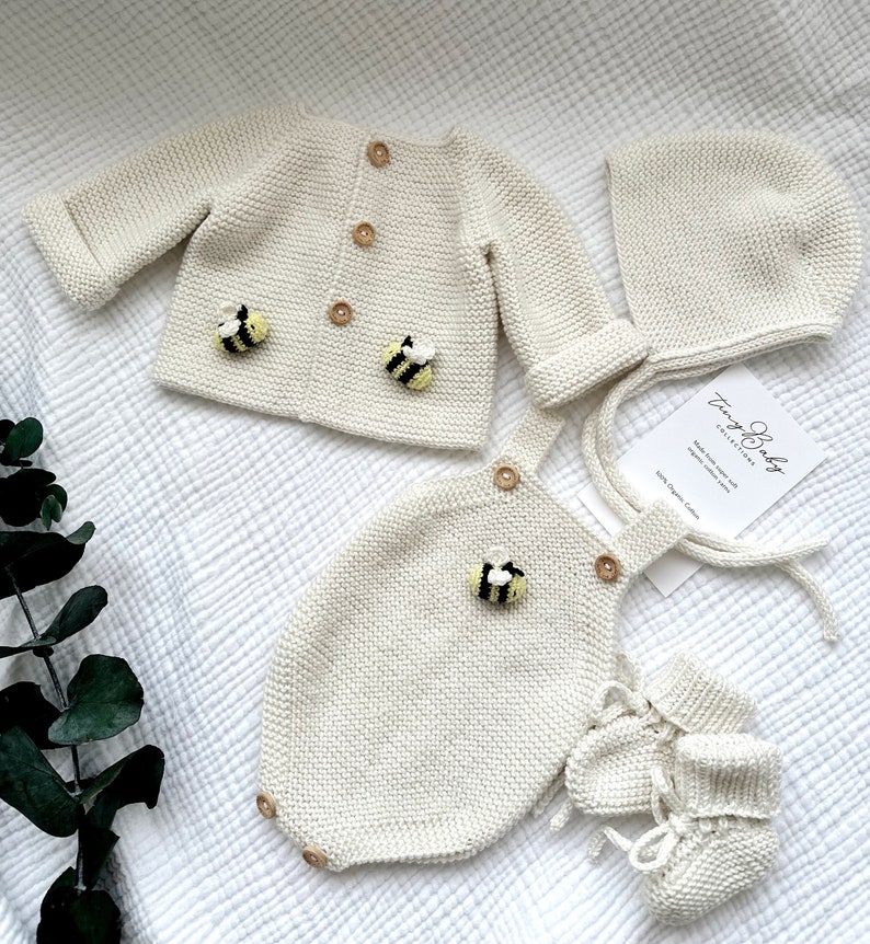 Strick Neugeborenen Outfit, Honey Bee Strick Baby Outfit, Neugeborenen Baby Coming Home Outfit, gestrickte Babykleidung, Bio-Baumwolle Baby Outfit Bild 3