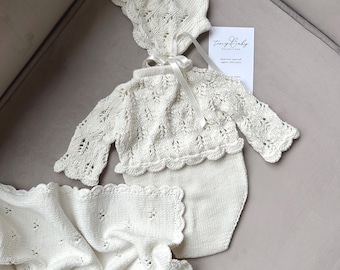 Hand Knitted Organic Cotton Baby Outfit: Romper, Bonnet & Blanket
