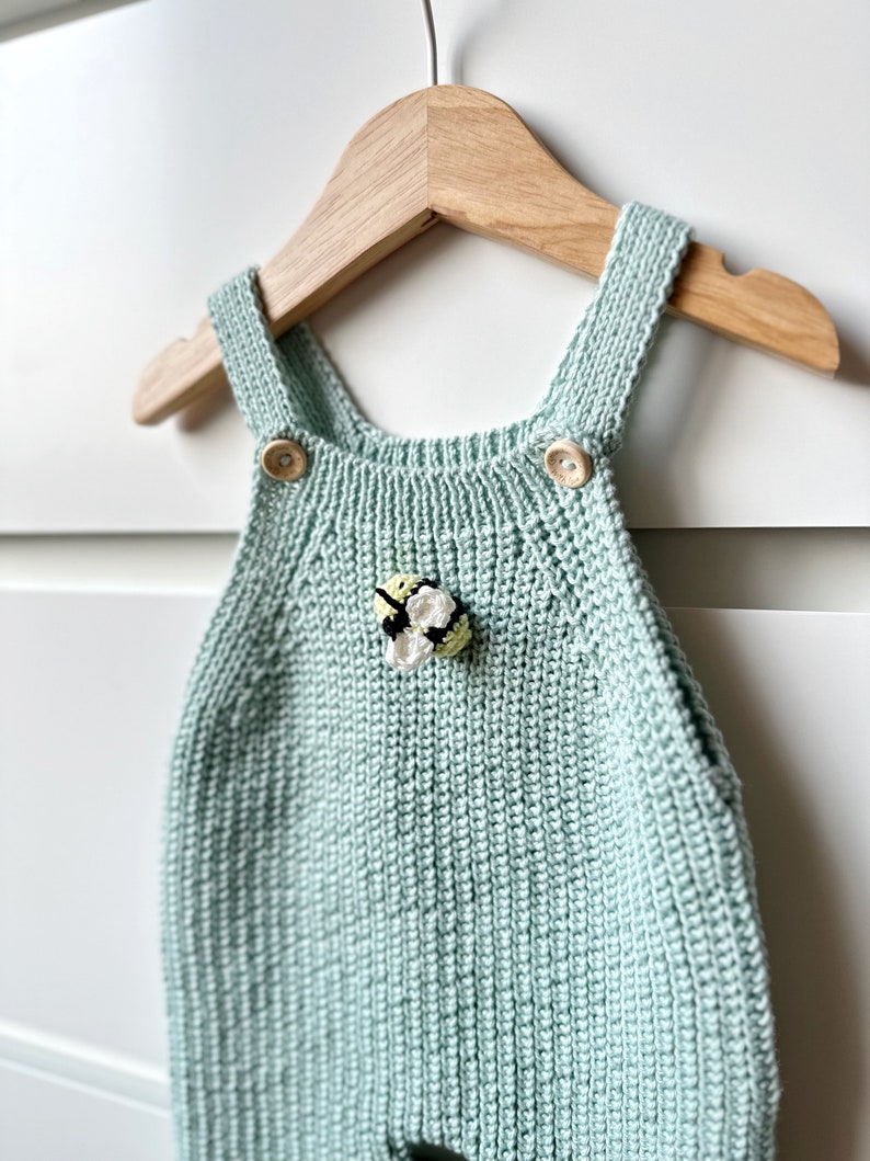 Cuddle and Kind Honey Bear Matching Outfit, Ribbed Overalls with Crochet Bee Detail, Knit Newborn Baby Outfit, Knit Baby Honey Bee Jumpsuit image 4