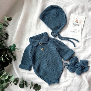 Hand Knit Organic Cotton Baby Romper Set: Newborn Outfit, Bonnet & Socks