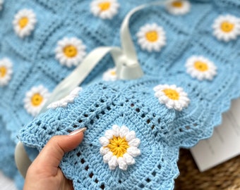 Handmade Crochet Daisy Baby Blanket: Cotton Knit Shower Gift