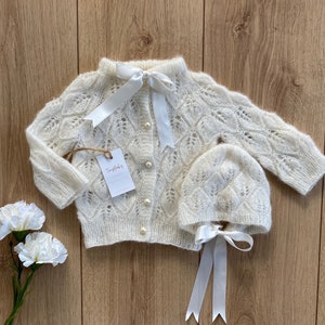 Hand Knitted Mohair Baby Christening Outfit: Cardigan & Hat Set