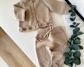 Knit Baby Girl Outfit, 2 piece Knit Baby Outfit Set, Newborn Knit Cardigan and Pants, Newborn Knit Outfit, Organic Baby Clothes