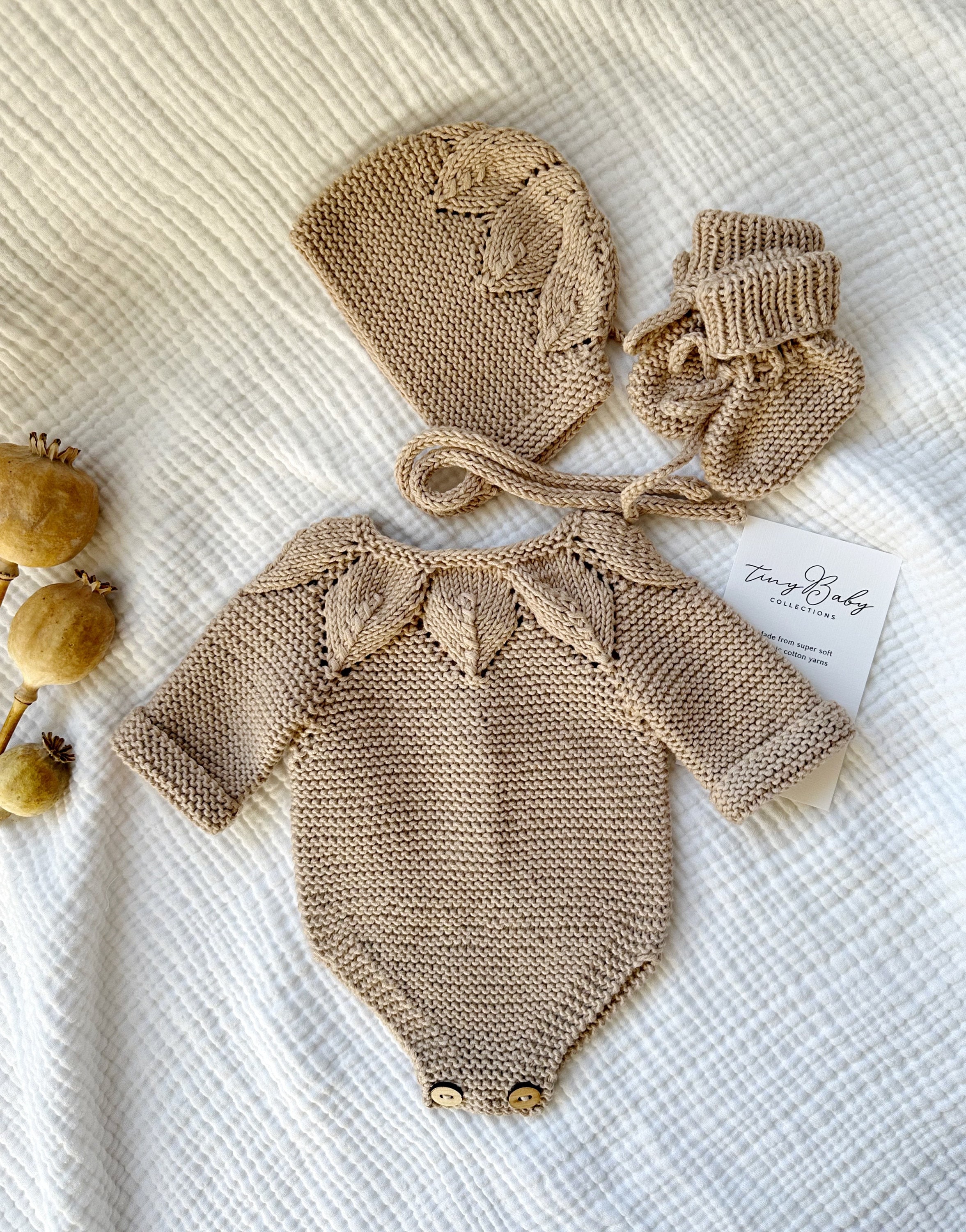 Hand Knit Organic Cotton Newborn Outfit, Baby Romper, Bonnet 