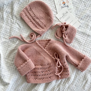 Hand Knit Organic Cotton Newborn Outfit: Blush Pink Baby Sweater, Socks& Bonnet