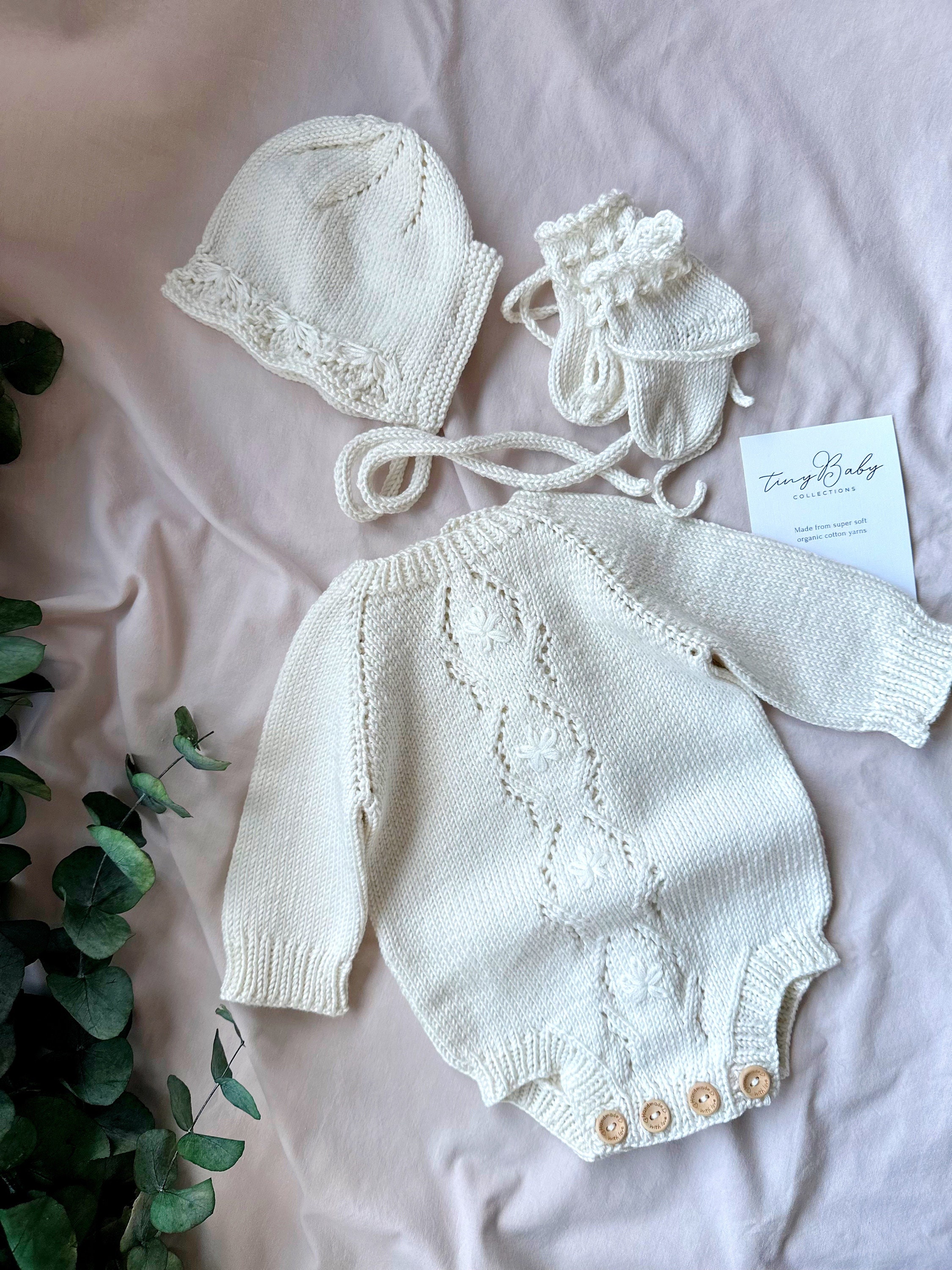 White Knit Baby Romper and Bonnet Set: Organic Cotton Outfit - Etsy