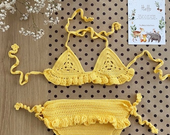 Bikini de crochet para bebé: traje de baño de algodón amarillo para bebé, accesorio fotográfico para recién nacido