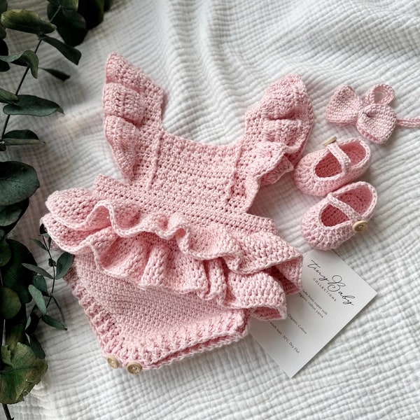 Pagliaccetto con volant per bambina, puntello per fotografia neonato, scarpe all'uncinetto per bambina, scarpe per bambina all'uncinetto, vestito per bambina, vestiti per bambina