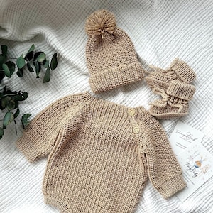 Organic Knit Baby Romper Set: Pompom Hat & Booties