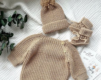 Knit Baby Romper, Knit Newborn Coming Home Outfit, Knit Baby Pompom Hat and Booties, Knitted Baby Clothes, Christmas Gif