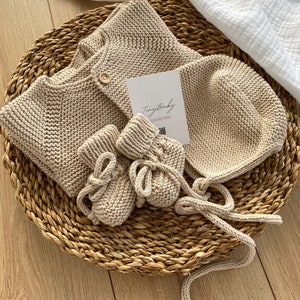 Hand Knitted Organic Cotton Baby Outfit: Sweater, Bonnet & Socks