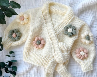Knit Baby Girl Flower Cardigan, Chunky Sweater for Baby Girl, Knit Baby Sweater, Knit Daisy Cardigan, Toddler Girl Sweater