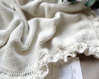 Knit Baby Blanket: White Organic Cotton Christening Blanket with Lace Detail