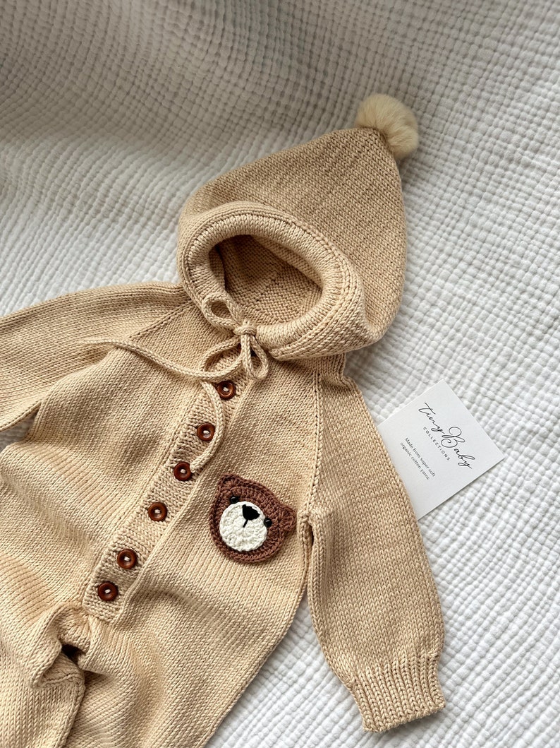 Teddy Bear Baby Romper, Knit Baby Jumpsuit, Knit Newborn Baby Outfit, Coming Home Outfit, Knitted Baby Clothes image 4