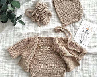 Hand Knit Organic Cotton Newborn Outfit: Sweater, Romper, Booties, Hat