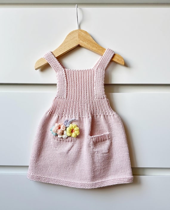Hand Knit Organic Cotton Baby Dress: Pink Crochet Flower Outfit Hand Knit Organic Cotton Baby Dress: Pink Crochet Flower Outfit