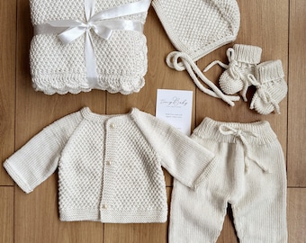 Baby Coming Home Outfit with Blanket, Knitted Newborn Outfit, Baby Christening Gown, Knit Baby Baptism Blanket, Knit Baby Clothes