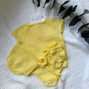 Hand Knit Organic Cotton Baby Romper Set: Yellow Bodysuit, Bonnet & Socks
