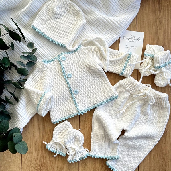 Newborn Knit Outfit, Newborn Baby Coming Home Outfit, White Knit Baby Outfit, Organic Cotton BabyClothes, Baby Girl Outfit, Baby Boy Outfit