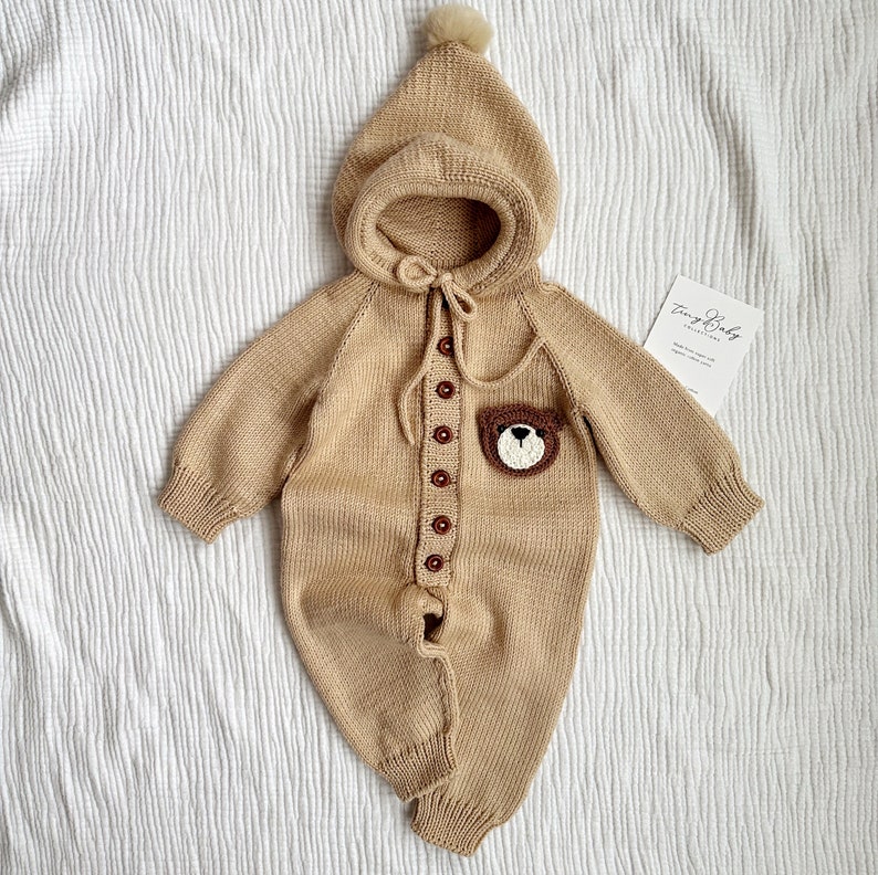 Teddy Bear Baby Romper, Knit Baby Jumpsuit, Knit Newborn Baby Outfit, Coming Home Outfit, Knitted Baby Clothes image 2