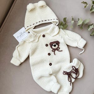 Teddy Bear Romper Set, Knitted Newborn Outfit, Baby Coming Home Outfit, Knitted Baby Clothes, New Baby Gift, Baby Shower Gift,