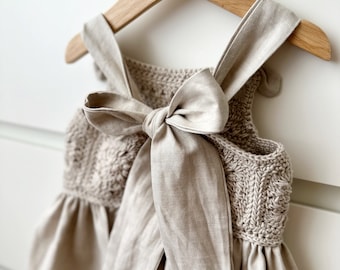 Organic Cotton Crochet Baby Dress: Linen Birthday Outfit