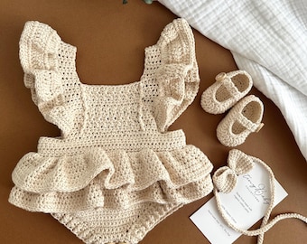 Crochet Baby Romper with Ruffles, Shoes & Headband: Organic Cotton Outfit