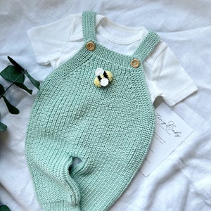 Cuddle and Kind Honey Bear Matching Outfit, Ribbed Overalls with Crochet Bee Detail, Knit Newborn Baby Outfit, Knit Baby Honey Bee Jumpsuit image 8