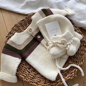 Organic Cotton Knit Baby Outfit: Cardigan, Diaper Cover, Hat, Socks & Stuffed Toy