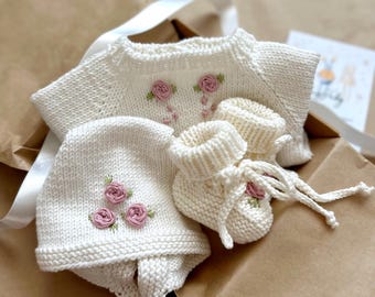 Organic Cotton Knit Baby Romper Set: Embroidered Newborn Baby Girl Outfit