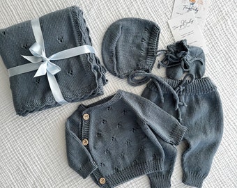 5 Piece Knit Newborn Set, Knitted Newborn Baby Outfit with Pointelle Knit Baby Blanket , Baby Hospital Outfit, Baby Coming Home Outfit