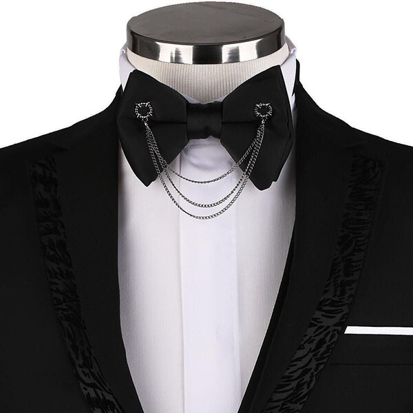 Black Bow Tie with Collar Chain, Bowtie Solid Black, Premium Wedding Bowtie, Gift for Groom, Groomsmen, Best man, Dad, Boyfriend, Butterfly