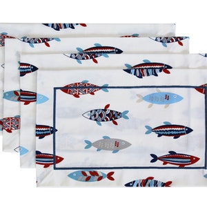 Fish Print Cotton Placemats with Handmade Embroidery for Dining Table, 12&quot;x19&quot;, Set of 4, Machine Washable, Turkish Cotton