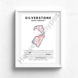 May include: A white framed print featuring a black and white illustration of the Silverstone racetrack in the United Kingdom. The print includes the text "SILVERSTONE" and "UNITED KINGDOM". The text below the illustration describes the history of the racetrack, including the first Formula One championship motor race that took place in 1950.