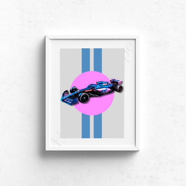 Livrée de voiture Alpine F1, art mural inspiré de la Formule 1, décoration murale, impression colorée inspirante, sport automobile, affiche de carte postale de pilote de course