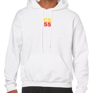 May include: White hooded sweatshirt with the text "CS 55" in yellow and red lettering.